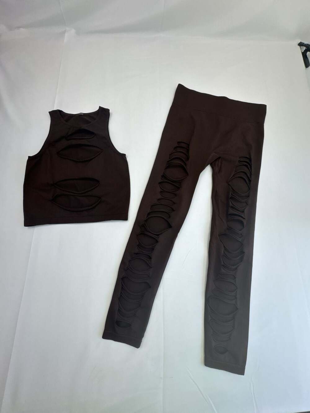 Slitweave Brown Cut-Out Grunge Festival Crop Tank Top and Leggings Matching Set
